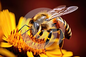 Macro photograph of a honey bee on a flower Honey bee collecting nectar