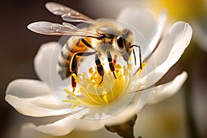 Macro photograph of a honey bee on a flower Honey bee collecting nectar