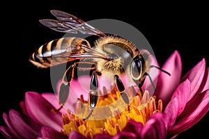 Macro photograph of a honey bee on a flower Honey bee collecting nectar