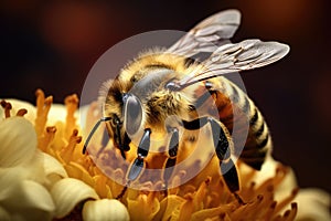 Macro photograph of a honey bee on a flower Honey bee collecting nectar