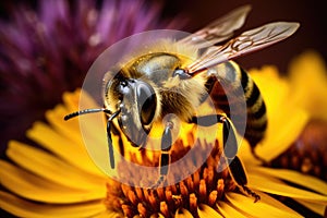 Macro photograph of a honey bee on a flower Honey bee collecting nectar