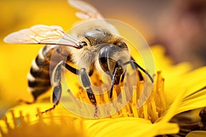 Macro photograph of a honey bee on a flower Honey bee collecting nectar