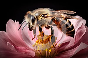 Macro photograph of a honey bee on a flower Honey bee collecting nectar