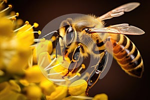 Macro photograph of a honey bee on a flower Honey bee collecting nectar