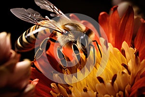 Macro photograph of a honey bee on a flower Honey bee collecting nectar