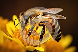 Macro photograph of a honey bee on a flower Honey bee collecting nectar