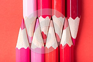 Macro photograph of several pencils of red color on a paper back