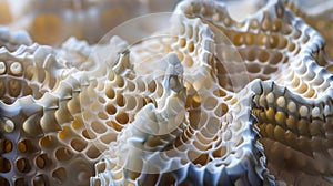 A macro photograph showcasing the intricate structures and layers of a 3Dprinted acoustic metamaterial. It features a