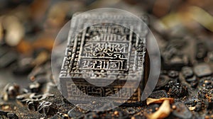 A macro photograph of a small intricately carved stone tablet featuring ancient Ayurvedic medicinal formulas and