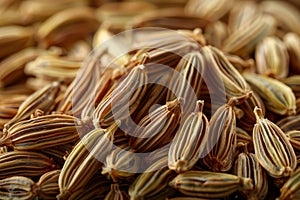 Macro photograph of a textured heap of organic cumin seeds with natural shadows