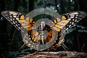 Macro photography of a beautiful butterfly, focus stacking reveals wing mechanism on dark background