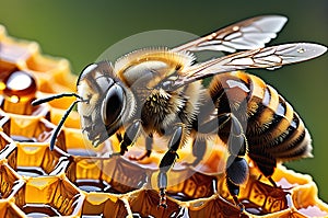 Macro Photography of a Bee Wings Mid-Flap - Perched Delicately on a Glistening Honeycomb Cell Droplet