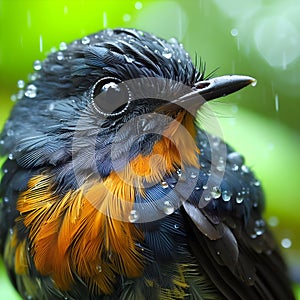 Macro-photography of a bird with rain drops on its beak