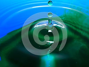 Macro photography of blue green water drop / ink drops splash and ripples, wet, conceptual for environmental, conservation, droug