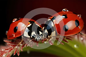 Macro photography, close-up. Two ladybugs drink dew while sitting on a lake flower