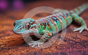 Macro photography of a colorful iguania lizard perched on a rock