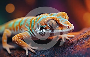 Macro photography of a colorful iguania lizard perched on a rock