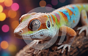 Macro photography of a colorful iguania lizard perched on a rock photo