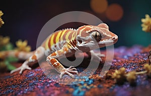 Macro photography of a colorful iguania lizard perched on a rock photo