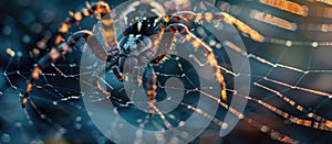 Macro photography of an electric blue arthropod on its intricate web