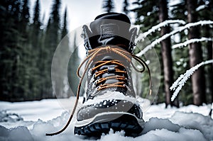 Macro Photography of Hiker\'s Boots Mid-Stride - Sinking into Pristine Deep Snow, Flurries Sticking to Soles