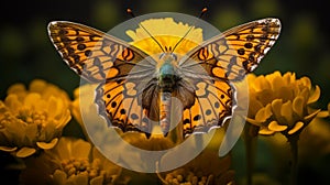 Macro Photography Of Marsh Fritillary Butterfly On Marigold