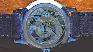 macro photography of the mechanism of the soviet watch Pobeda