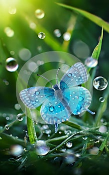 Macro photography, Miki Asai style: translucent baby butterfly, translucent, turquoise color.