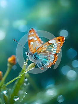 Macro photography, Miki Asai style: translucent baby butterfly, translucent, turquoise color. photo