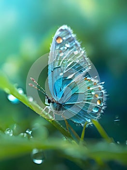 Macro photography, Miki Asai style: translucent baby butterfly, translucent, turquoise color. photo