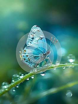 Macro photography, Miki Asai style: translucent baby butterfly, translucent, turquoise color. photo