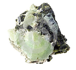 Prehnite raw stones on Epidote crystals on white