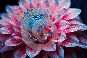 Macro Photography Of A Pink Dahlia With Water Droplets And A Dreamy Blue Core. Generative AI