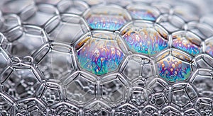 Macro Photography of Rainbow Soap Bubbles Forming a Hexagonal Pattern