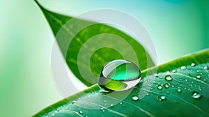 Macro photography of a raindrop suspended from a green leaf. Generative AI