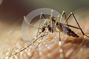 Macro Photography of a tiger mosquito on human skin, dengue epidemic disease