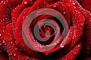 Macro photography of a vibrant red rose petal with dewdrops