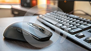 Macro Close Up of Ergonomic Mouse and Keyboard in Workspace