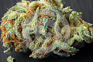 Macro photos of marijuana harvest cones with leaves covered with trichomes. The cannabis plant clse view.