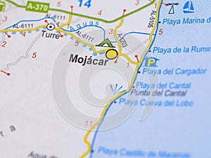 Macro picture of the location on the map of the city of Mojacar in Spain in colour