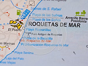 Macro picture of the location on the map of the city of Roquetas de mar in Spain in colour photo