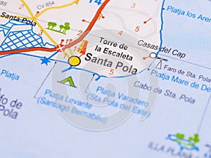 Macro picture of the location on the map of the city of Santa Pola in Spain in colour photo