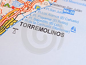 Macro picture of the location on the map of the city of Torremolinos in Spain in colour