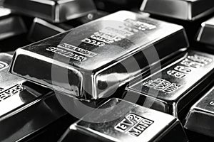 Macro picture of silver bars. The silver bars are stacked on top of each other