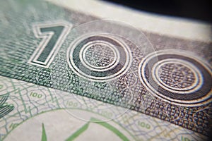 Macro PLN Polish 100 zloty banknotes background. One hundred zloty banknotes.