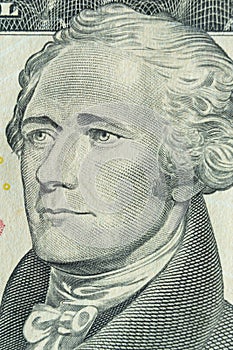 Macro portrait of Alexander Hamilton : American statesman and one of the Founding Fathers of the United States on $10 dollar bankn