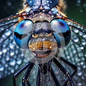 Macro portrait of a dragonfly with big eyes on a dark background