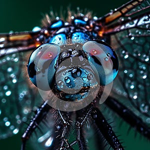 Macro portrait of a dragonfly with big eyes on a dark background