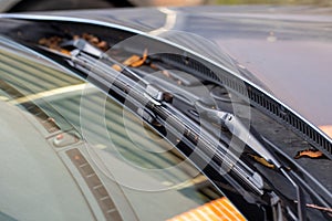 A macro portrait of a windshield wiper of a car standing at its lowest of base position and the blade is resting on the glass of