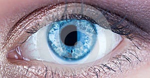 Macro pupil retina human colse eye, eyeball. Female eyes with long eyelashes close up. Macro of human eye. Closeup of
